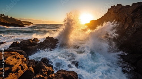 Dynamic Seascapes: Energetic Ocean Waves Meeting Rugged Shoreline, AI Generative 