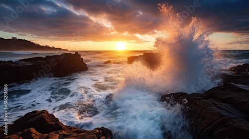 Majestic Reflections: Dramatic Sunrise with Waves Crashing against Dark, Jagged Rocks, AI Generative