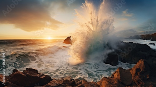 Oceanic Beauty: Enchanting Encounter of Waves and Rocky Cliffs at Sunrise, AI Generative