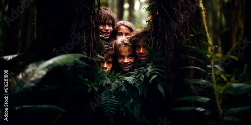 group of kids engaged in an exhilarating game of hide and seek in the forest © AstralAngel