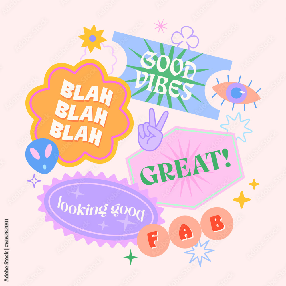 Vector set of cute template with patches and stickers in 90s style.Modern symbols in y2k aesthetic with text.Trendy funky design for banners,social media marketing,branding,packaging,covers