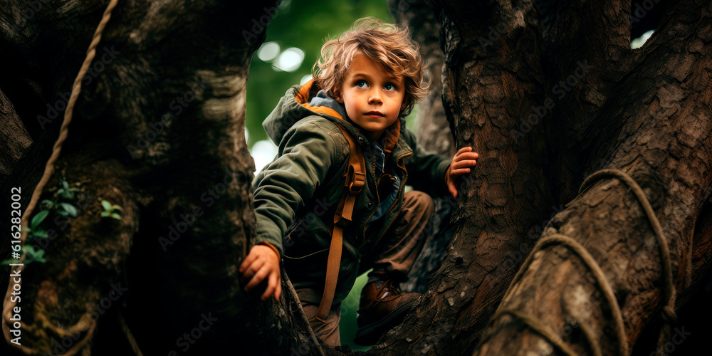 young boy earnestly attempting to climb a tree