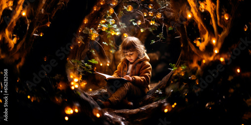 child engrossed in a book under a big tree, their imagination blossoming with the stories unfolding