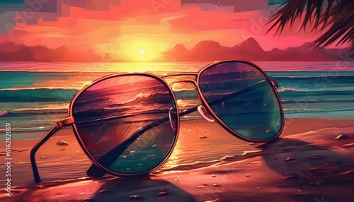 Sunglasses on Beach Vaporwave Colors Illustrated Style