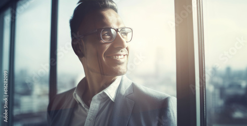 smiling businessman standing in sunny office with windows looking out. Copyspace. Generative AI