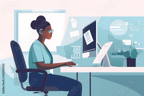  Flat vector illustration african healthcare nurse using desktop computer for day to day hospital operations beautiful young clinic professional using pc for online medical work in modern office in pu
