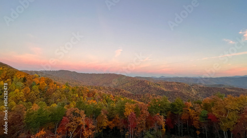 A view of the Blue Ridge Parkway during the autumn fall color changing season.