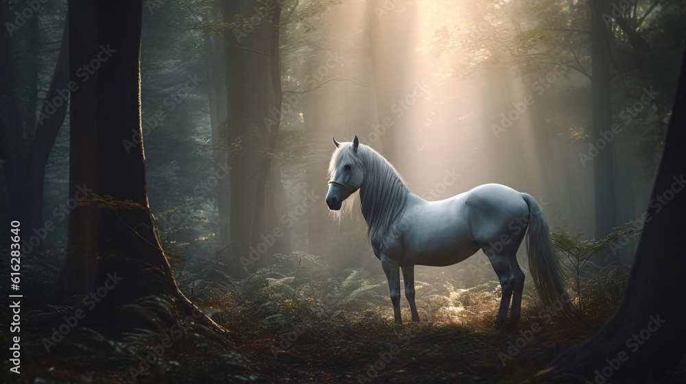 Fototapeta premium white horse in forest generative ai