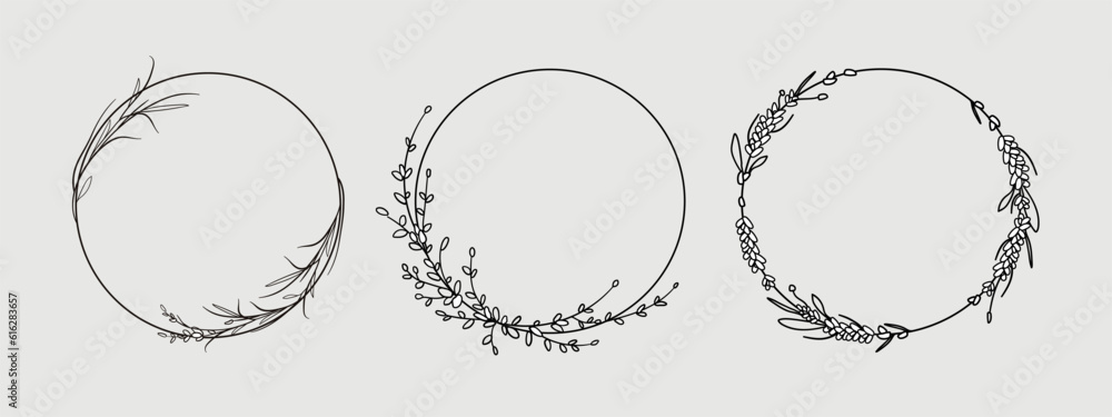 Fototapeta premium Lavender line art set on gray background. Lavender wreath flowers tattoo. Wedding design elements outline. Wedding circle border vector