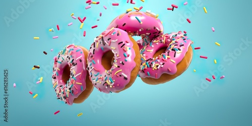 Flying Frosted sprinkled donuts. Set of multicolored doughnuts with sprinkles isolate on colorful background. 3d rendering | Generative AI