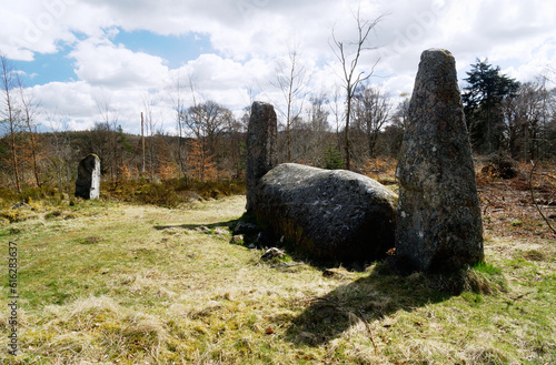 Cothiemuir prehistoric recumbent stone circle. N.E. of Alford, Grampian, Scotland. Recumbent stone and 2 flankers photo