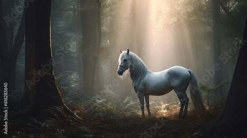 white horse in forest generative ai © KWY