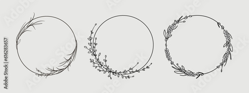 Lavender line art set on gray background. Lavender wreath flowers tattoo. Wedding design elements outline. Wedding circle border vector