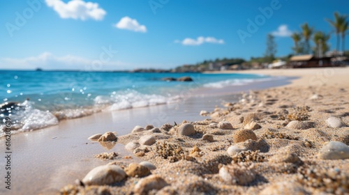 Tropical summer sand beach and bokeh sun light on sea background. Generative AI