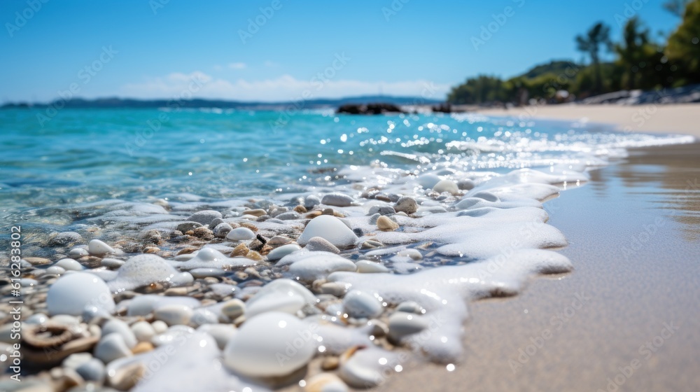 Tropical summer sand beach and bokeh sun light on sea background. Generative AI Tropical summer sand beach and bokeh sun light on sea background. Generative AI
