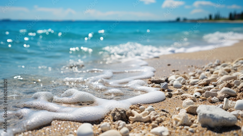 Tropical summer sand beach and bokeh sun light on sea background. Generative AI Tropical summer sand beach and bokeh sun light on sea background. Generative AI