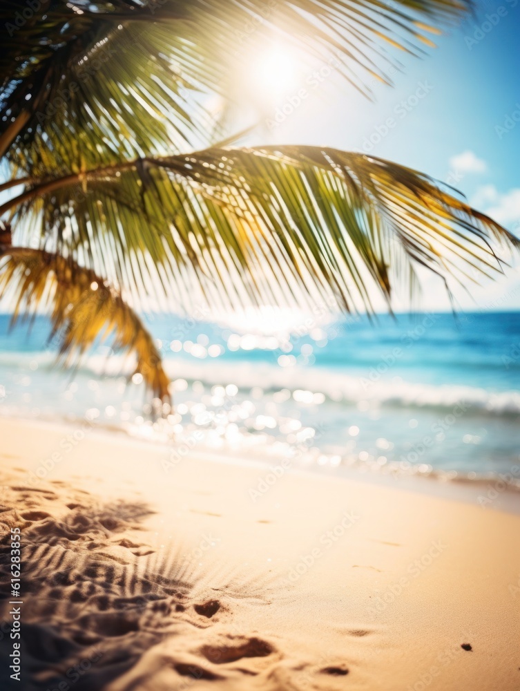 Obraz premium Tropical summer sand beach and bokeh sun light on sea background. Generative AI