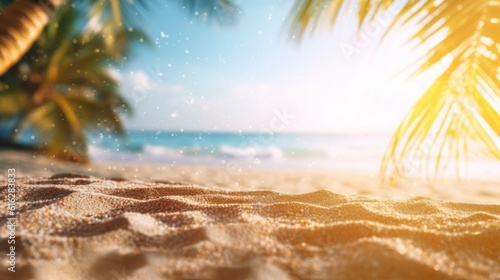 Tropical summer sand beach and bokeh sun light on sea background. Generative AI