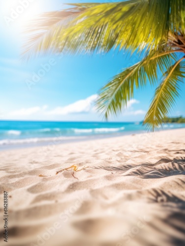 Tropical summer sand beach and bokeh sun light on sea background. Generative AI