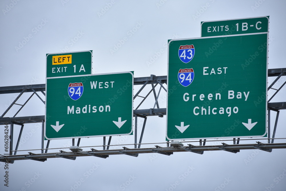 Wisconsin Highway: Green Bay and Madison road signs 