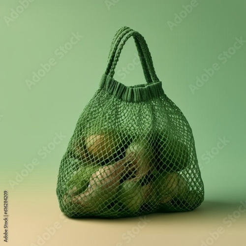  wicker string bag for fruits and vegetables. Ecological bag, eco food packaging made from recyclable materials. The concept of caring for nature. generative AI