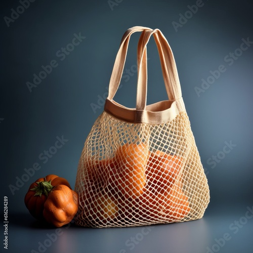  wicker string bag for fruits and vegetables. Ecological bag, eco food packaging made from recyclable materials. The concept of caring for nature. generative AI
