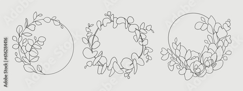 Line art Flowers Frame on gray background. Lavender wreath outline. Wedding circle border vector