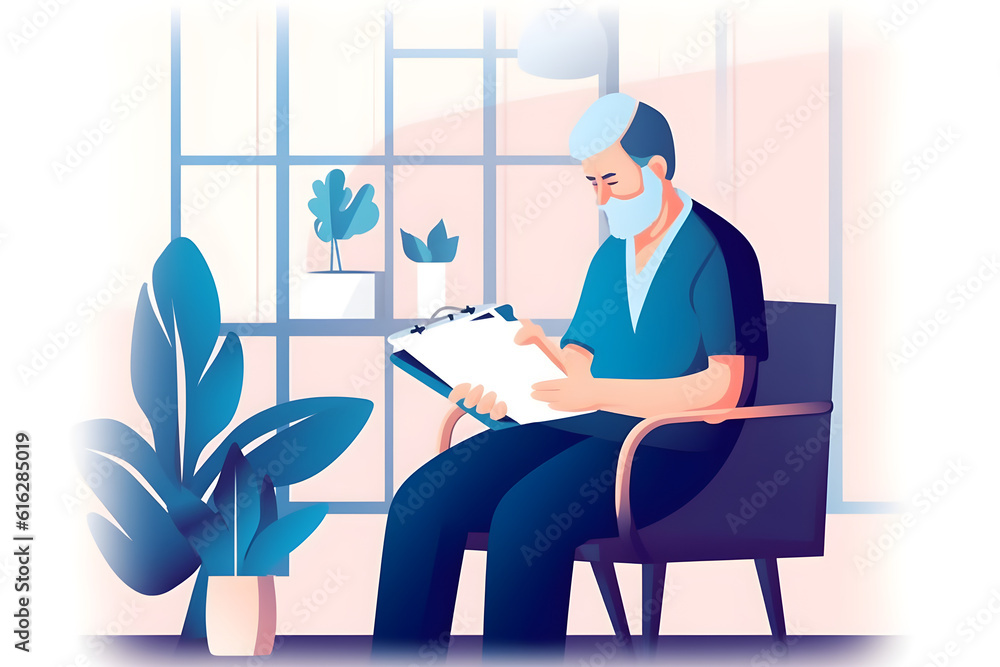  Flat vector illustration A young female doctor inquires about personal information of a contented senior at home. (