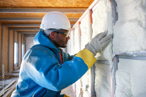 Insulation worker in protective clothing examining foam isolation installed on a wall. Generative AI