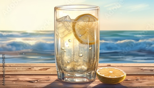 Ice Cold Lemonade in a Glass on the Beach