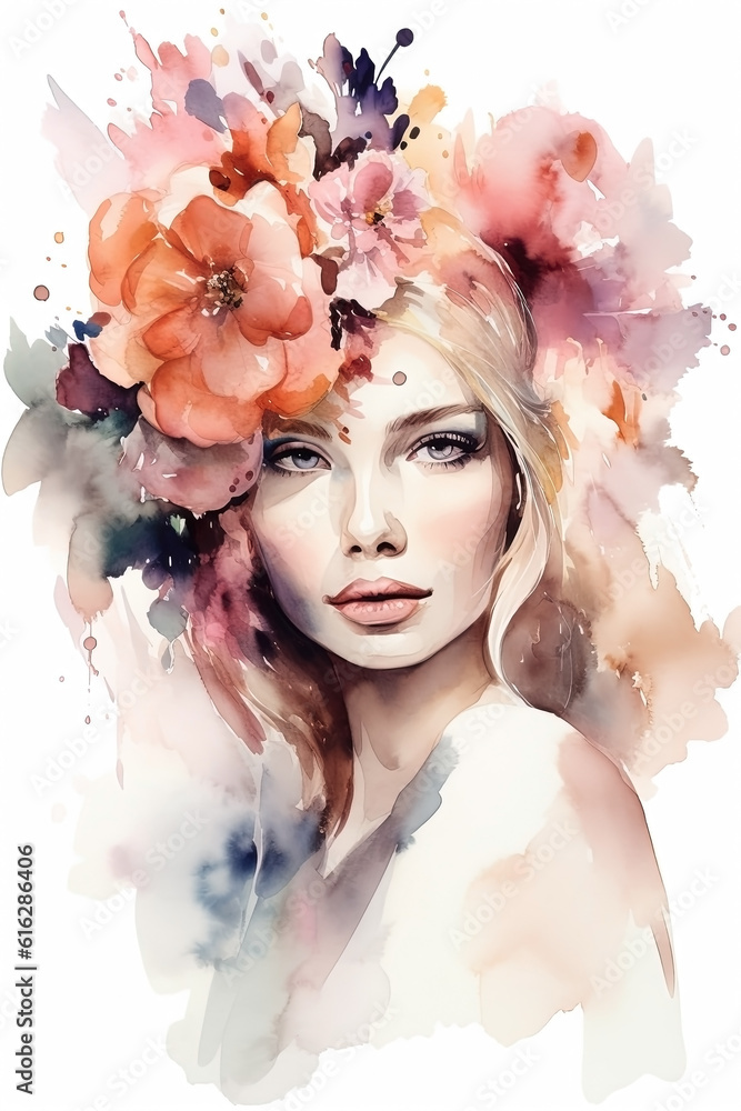 Watercolor illustration, portrait of a woman with flowers on her head. Ai generated