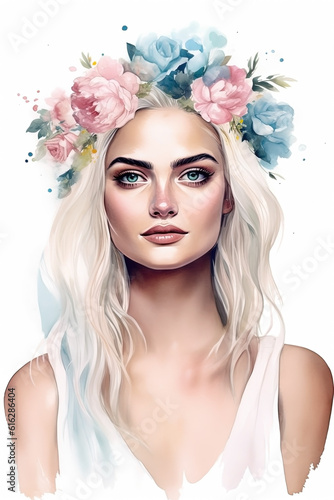 Watercolor illustration, portrait of a woman with flowers on her head. Ai generated