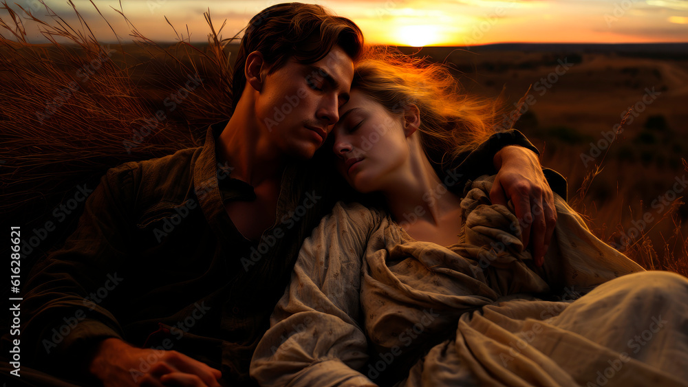 Fototapeta premium couple reclines on a blanket in an open field