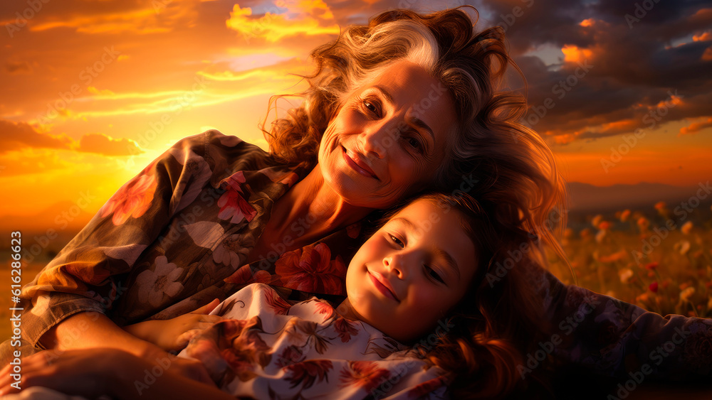 grandmother and her granddaughter lay on the grass In the light of the setting sun