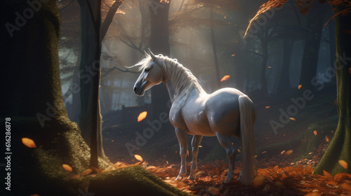 white horse in forest with sun shine generative ai