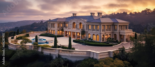 Aerial view of a large luxury mansion in the hills of Los Angeles with beautiful architecture. The luxurious home has scenic views of the mountains 