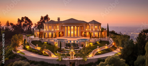 Print op canvas Illustration of an aerial view of a large luxury mansion in the hills of Los Angeles with beautiful architecture
