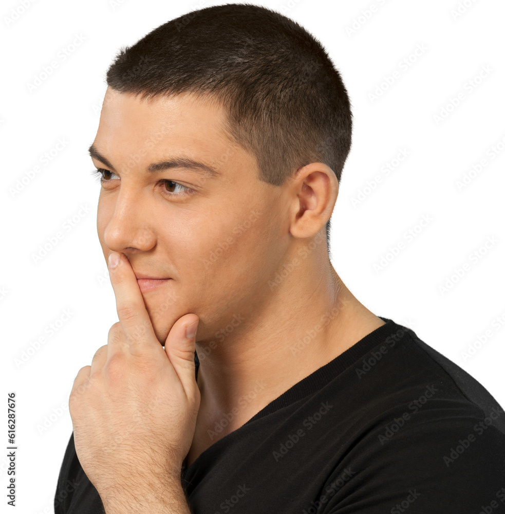 Fototapeta premium Portrait of young man in black shirt isolated on white background