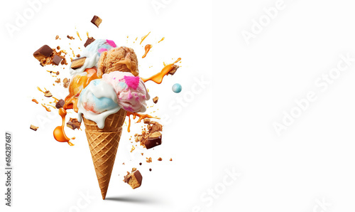 Ice cream with caramel topping on a white background with space for text. Apetite cold dessert. photo