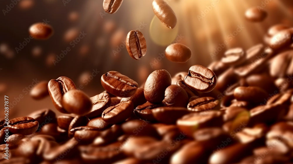 Brown roasted large coffee beans close-up on a dark background. Selective Focus. Generative AI - obrazy, fototapety, plakaty 