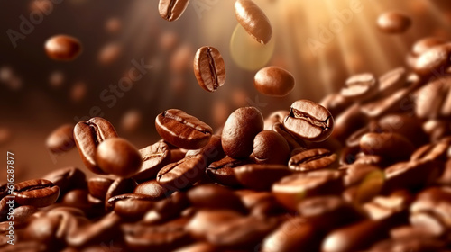 Brown roasted large coffee beans close-up on a dark background. Selective Focus. Generative AI