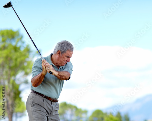 Swing, old man or golfer playing golf for fitness, workout or stroke exercise on a course in retirement. Mature, golfing or senior player training in sports game driving with club or driver outdoors