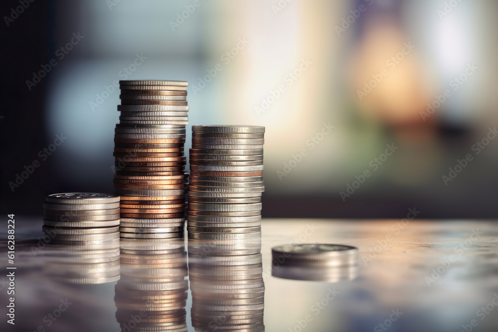 Coins flattened with out of focus bokeh lights, business concept