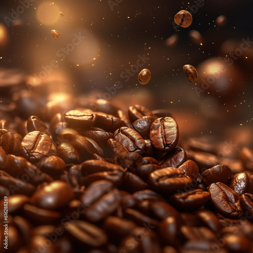 Coffee beans on a dark background with a bokeh effect. Selective focus. Generative AI