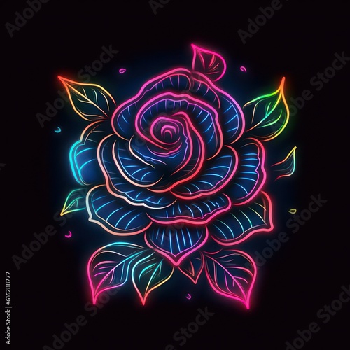 Realistic rose digital drawing neon logo created with Generative AI