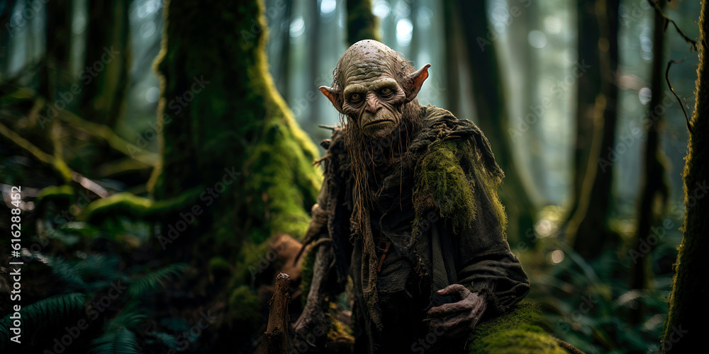 fantasy Goblin in the dark forest, fantasy character, creature concept