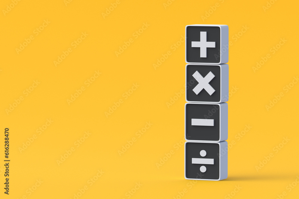 Basic math signs. Stack of mathematical symbols on buttons. Plus, minus, multiply, divide. Primary education. Financial audit. Economic science. Statistical data. Copy space. 3d render Basic math signs. Stack of mathematical symbols on buttons. Plus, minus, multiply, divide. Primary education. Financial audit. Economic science. Statistical data. Copy space. 3d render
