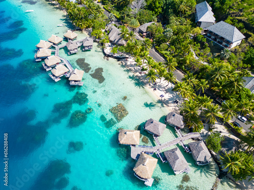 Arial View of Overwater bungalows in Bora Bora, French Polynesia