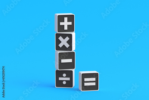 Economic science. Stack of mathematical symbols on buttons. Plus, minus, multiply, divide and equal. Basic math signs. Primary education. Financial audit. Statistical data. 3d render