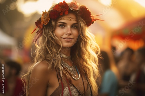 Fictional hippie woman at a festival